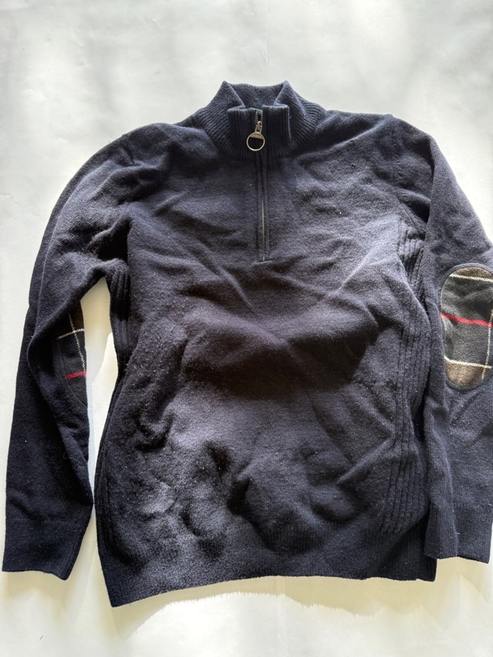 Men's Half-Zip Navy Sweater with Elbow Patch Barbour Size Medium